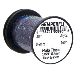 Holographic Tinsel 0.4mm, schwarz glänzend, 30m Spule. Funkelnder, holografischer Faden für Bastelarbeiten und Dekoration.