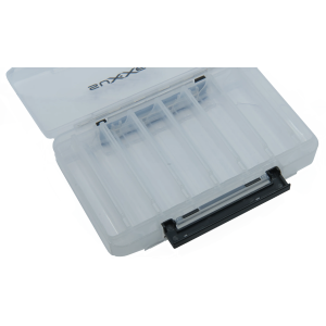 Transparente Spinner Blinker Box, Grösse L, 12x19x3.8cm, geöffnet.