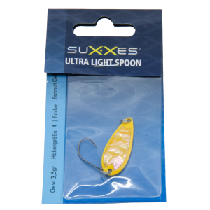 SUXXES Ultralight Spoon Perlmutt, 3.5g, gelb. Leichter Angelköder für Raubfische.