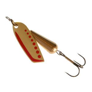 Brauen Spinner ohne Widerhaken, Grösse 2, 10g, messing-rot: Angelköder mit goldenem Blatt und roten Punkten.