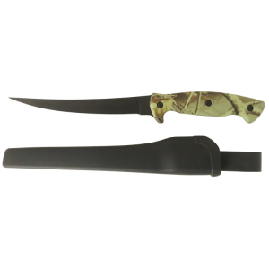 Edelstahl Filetiermesser Camou, 15cm, mit Tarnmuster-Griff und schwarzer Scheide.