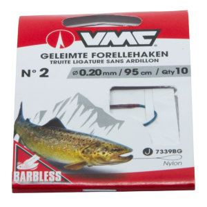 VMC geleimte Forellen-Schonhaken Gr. 2: 0.20mm, 95cm, barbless (widerhakenlos) für schonendes Forellenangeln.