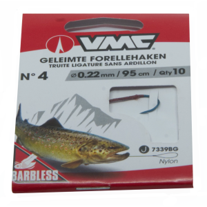 VMC geleimte Forellen-Schonhaken Gr. 4: 0.22mm, 95cm lange, barbless Vorfachhaken zum Forellenangeln