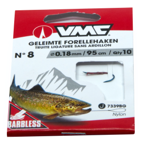VMC geleimte Forellen-Schonhaken Gr. 8, 0.18mm, 95cm: Barbless Forellenhaken auf roter Packung.