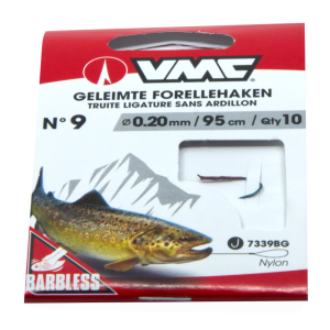 VMC geleimte Forellen-Schonhaken Gr. 9: 0.20mm, 95cm, barbless Forellenhaken für schonendes Angeln