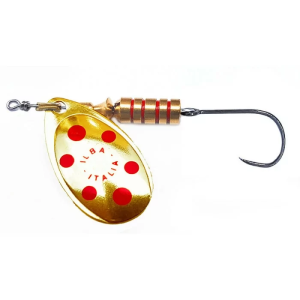 Tondo gold/rot N°0, 2g Spinner mit Einzelhaken ohne Widerhaken. Angelköder für Forellen.