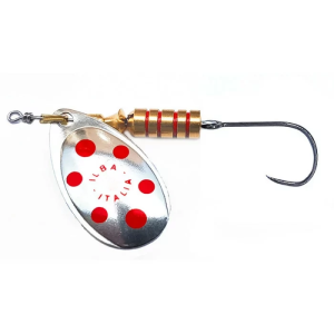 Tondo silver/red N°0, 2g, Einzelhaken ohne Widerhaken: Spinner mit silbernem Blatt und roten Punkten