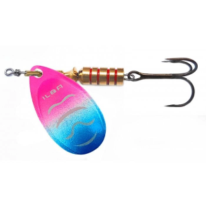 Tondo Rainbow N°1 Angelköder: 3g Spinner mit Drillingshaken ohne Widerhaken, pink-blaue Farbgebung.