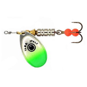 Tondo SpinEye Fluo Lime N°1: 3g Angelköder mit silber-grünem Blatt und Drillingshaken ohne Widerhaken.
