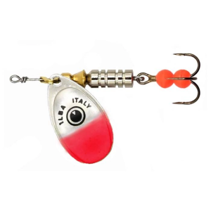 Tondo SpinEye Fluo Red N°1, 3g: Spinner mit Drillinghaken ohne Widerhaken, rot-silbernes Blatt.