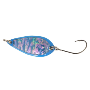 Ultralight Spoon Perlmutt, 3.5g, weiss-gestreift: Blauer, irisierender Angelköder mit Haken.