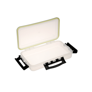 Wasserdichte Box ohne Raster, Grösse XL (35.5x22x8cm): Transparente und weiße wasserdichte Box geöffnet.