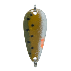Temptation Cast Gr.4 Angelköder: 9g, 5.5cm, braun, weiß, fluoreszierend orange mit schwarzen Punkten und Glitzer.