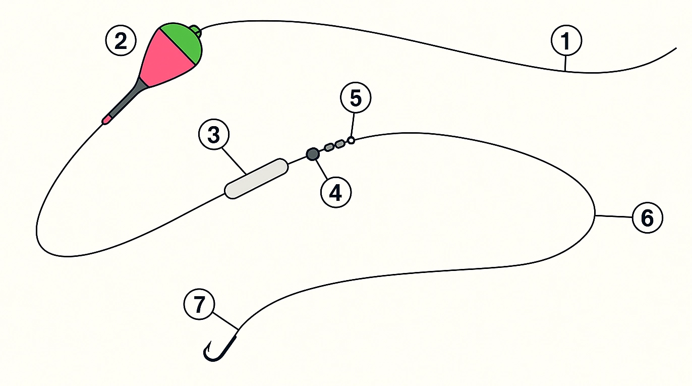 Tremarella Montage zum Forellenangeln: Pose, Wirbel, Blei und Haken. Effektive Methode.