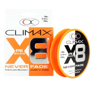 Climax X8 PE Braid Angelschnur, 135m, 0,14mm, 9,0kg, orange. "Never Fade" ColorLock-System.