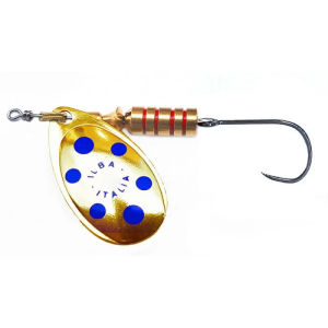 ILBA Italia Tondo Spinnerköder: Goldener Spinner mit blauen Punkten, Einzelhaken ohne Widerhaken, 2g