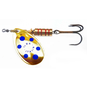 ILBA Italia Spinner Köder: Goldener Spinner mit blauen Punkten und Drillinghaken, 3g