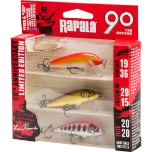 Rapala 90 Jahre Jubiläums-Köder-Set: 3 Stück in Rot/Orange, Braun/Gelb und Pink/Schwarz.