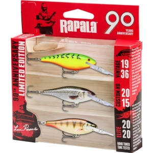 Rapala 90 Jahre Jubiläumsset: Drei Shad-Köder in den Farben Grün-Gelb, Silber und Braun.