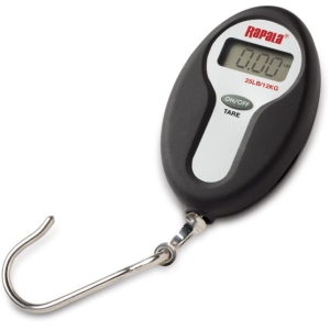 Kompakte digitale Hängewaage von Rapala mit 12kg Kapazität und LCD-Anzeige.