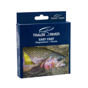 Verpackung der Traun River Easy Cast Fliegenschnur WF-5-F, schwimmend, 25m, mit Fischmotiv.