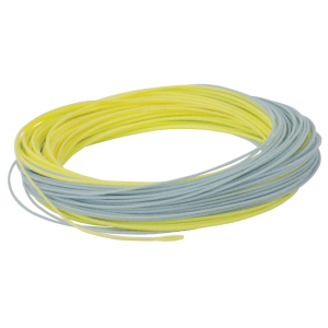 Schwimmende WF-5-F Fliegenschnur, 25m, zweifarbig gelb und grau, aufgerollt.