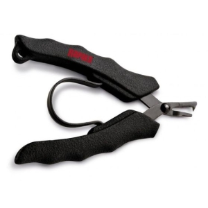 Schwarze 16cm Multifunktionszange von Rapala mit gummierten Griffen und integriertem Schneider.