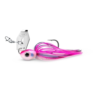 BladeMaster Spinnerbait 1/0, 12g, Sonnenlicht-Finish mit rosa und violetten Gummikrebsen.