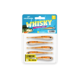 Fünf 7cm lange, orange-weiße Finesse Gummifische mit Jig & Offset Gap Haken.