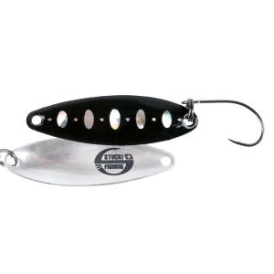 Schwarzer Microspoon Cervin 45mm 5.0g Angelköder mit silberner Unterseite und Haken.