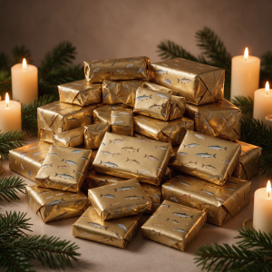 Gold verpackte Geschenke mit Fischmuster, typisch für einen Angel-Adventskalender.