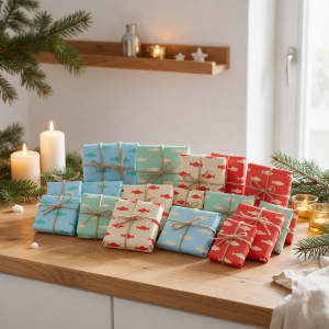 Adventskalender 2026: Geschenkpakete mit Fisch-Motiv in Rot, Blau und Grün, weihnachtlich dekoriert.