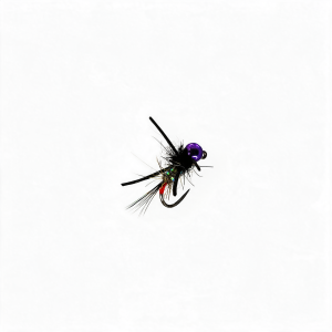 Schwarze Nymphe Fliegenfischerköder mit violettem Kopf und Haken, Größe 14.