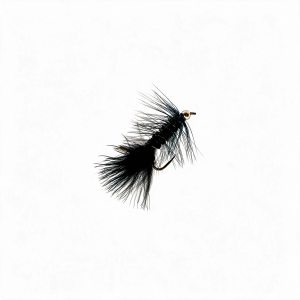 Schwarze Wooly Bugger Fliege, Gr. 8, mit goldener Perlenkopf-Öse.