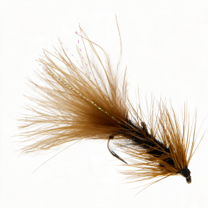 Braune Wooly Bugger Fliege, Größe 6, mit Federn und Glitzer.