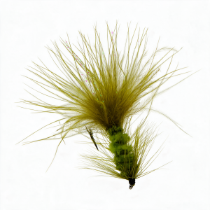 Grüne Wooly Bugger Fliege, Größe #6, mit Federn und Glitzer.