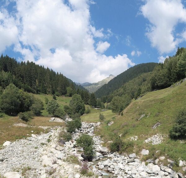 Flusslandschaft in Acletta, Graubünden mit grünen Hügeln und blauem Himmel.