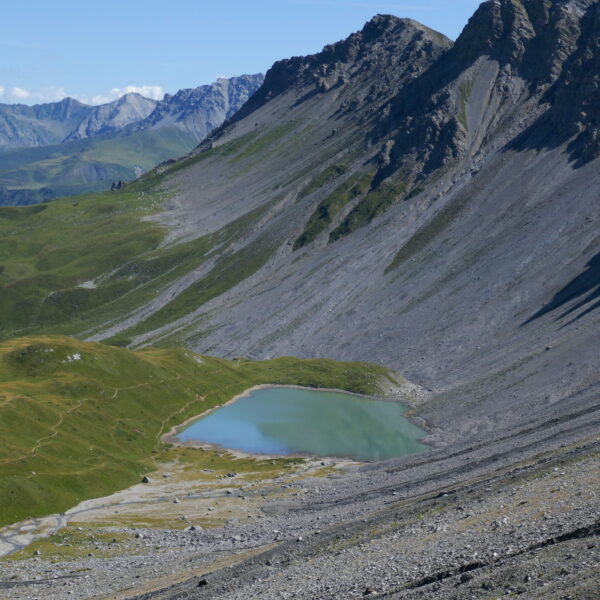 Älplisee, ein Bergsee in Graubünden, umgeben von grünen Wiesen und felsigen Gipfeln.