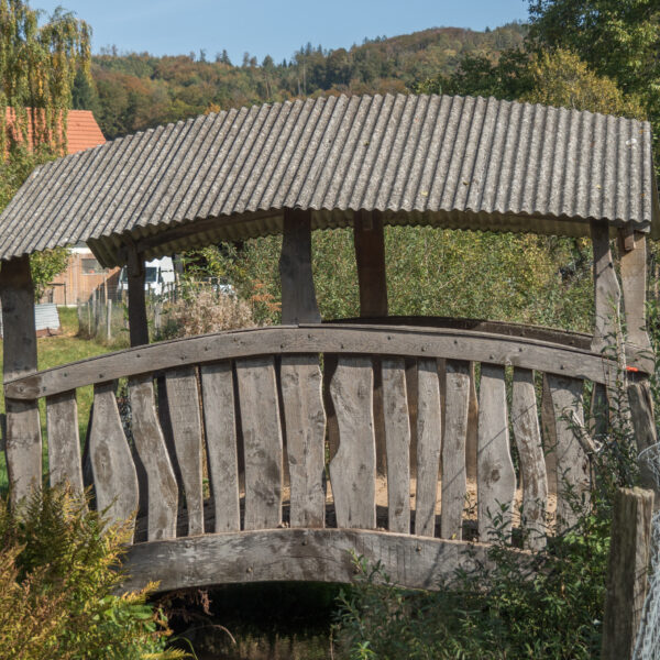 Überdachte Holzbrücke mit gewelltem Dach in Allaine.
