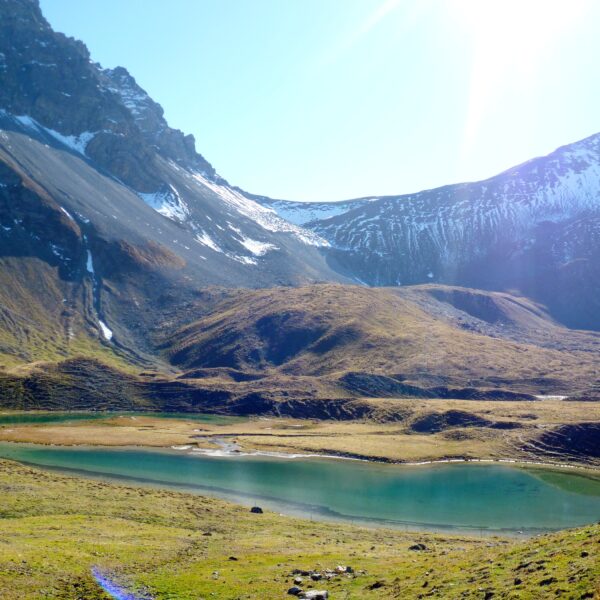 Alteinsee Bergsee mit grünen Ufern und schneebedeckten Gipfeln