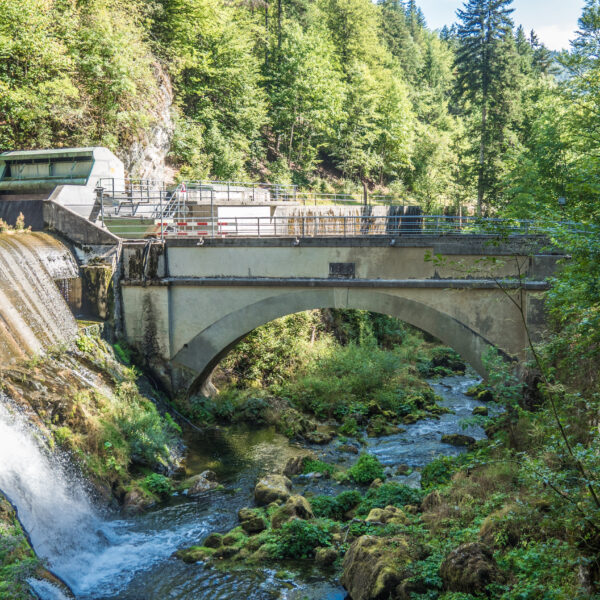 Areuse: malerische Steinbrücke über einen Fluss mit Wasserfall und üppigem Grün.