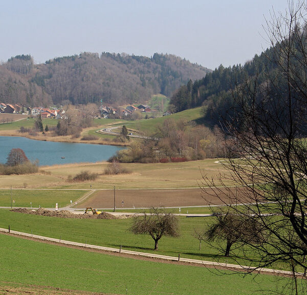 Bichelsee-Landschaft mit See, Feldern und Hügeln im Thurgau, Schweiz.