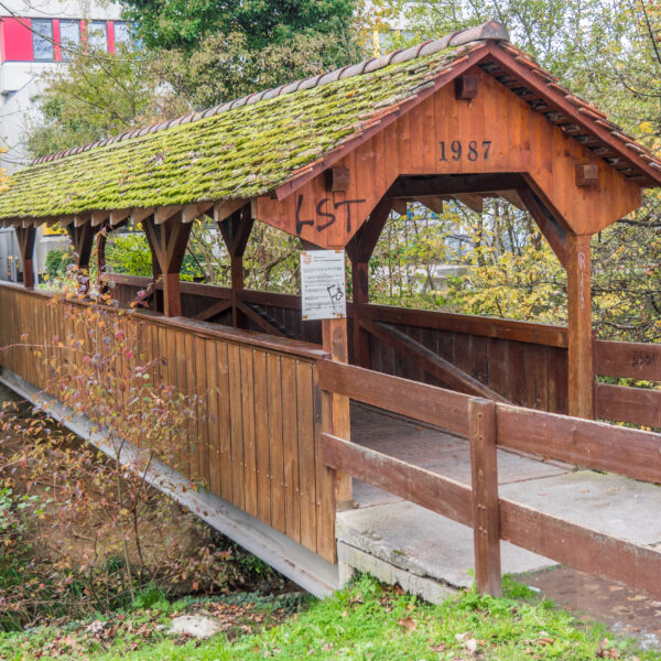 Überdachte Holzbrücke über den Birsig, Baujahr 1987, mit moosbewachsenem Dach.