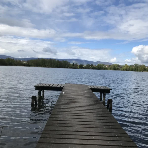 Ein Holzsteg erstreckt sich über dem ruhigen Wasser des Burgäschisees, in dessen Wellen sich Bäume und ferne Hügel unter einem teilweise bewölkten Himmel spiegeln.