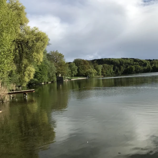 Der ruhige Burgäschisee, umgeben von üppigen grünen Bäumen unter einem leicht bewölkten Himmel. Links ragt ein kleiner Holzsteg ins Wasser, und sanfte Wellen spiegeln die ruhige Landschaft wider.
