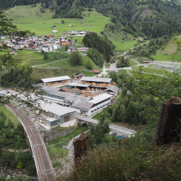 Blick auf ein Sägewerk mit Bahngleisen und eine Ortschaft in den Bergen. Grüne Landschaft.