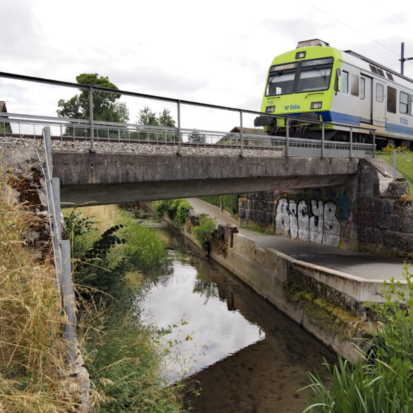 BLS Zug überquert den Eichibach auf einer Betonbrücke. Graffiti an der Brückenwand.