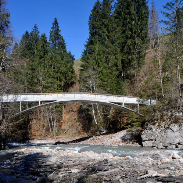 Weiße Brücke über den Fluss Engstligen, umgeben von Bäumen und Felsen.