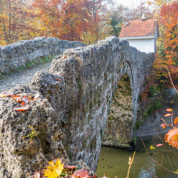 Steinerne Brücke in Glâne, Schweiz, im Herbst mit bunten Bäumen.