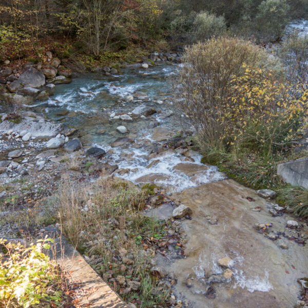 Goldbach (Chirel) Gebirgsbach fließt über Steine und durch herbstliche Natur.